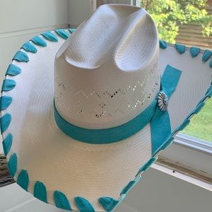 Custom Rodeo King Straw Cowboy / Cowgirl Hat, size 7, turquoise leather stitched